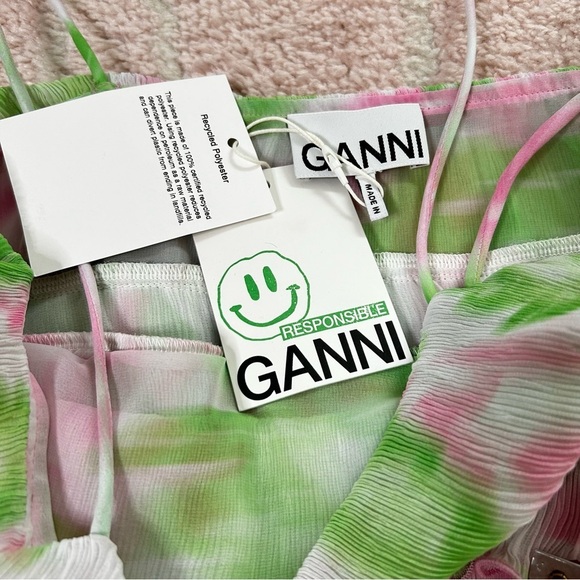 NWT Ganni Pleated Georgette Mini Dress Green Pink Floral Size 34/2 Wedding Guest - Picture 4 of 13